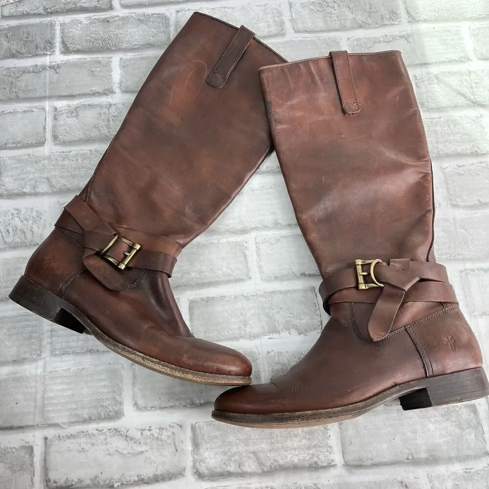 Frye Mellisa Women's Size 7.5 Riding Brown Leather Knotted Tall Boots